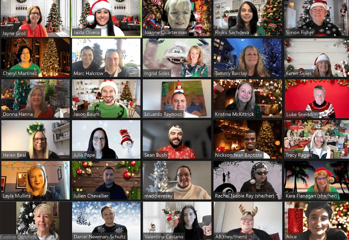 DOI Holiday 2021 1200 Zoom screenshot of the 2021 DevOps Institute team