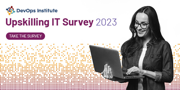 Graphics with button to take the Upskilling IT 2023 Survey