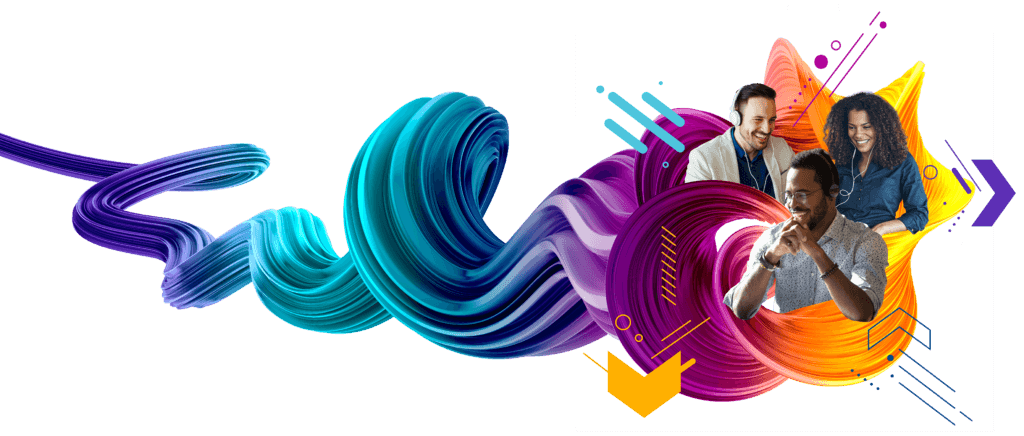 Colorful image of IT professional people watching or listening to a virtual DevOps event or webinar