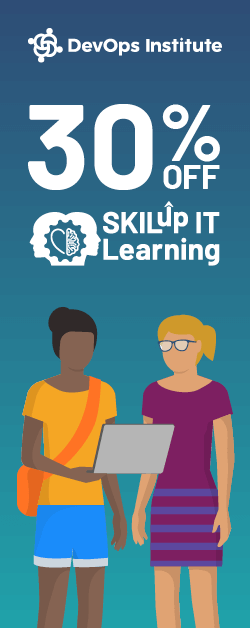 Promotional graphic for 30% off SKILup IT Learning subscription. Two animated people looking at a computer